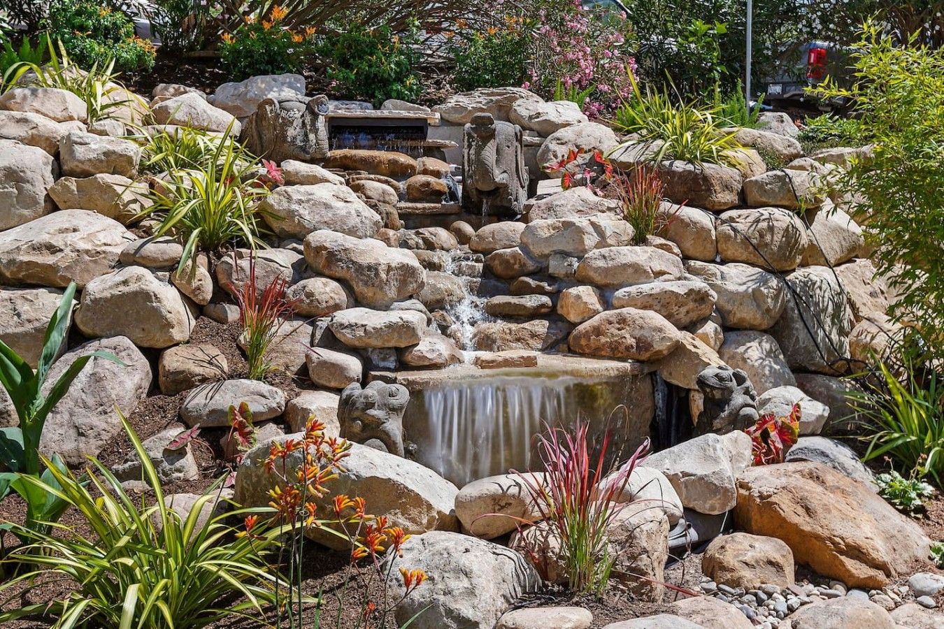 Een rotstuin met een kleine waterval en verschillende planten.