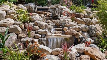 Een rotstuin met een kleine waterval en verschillende planten.