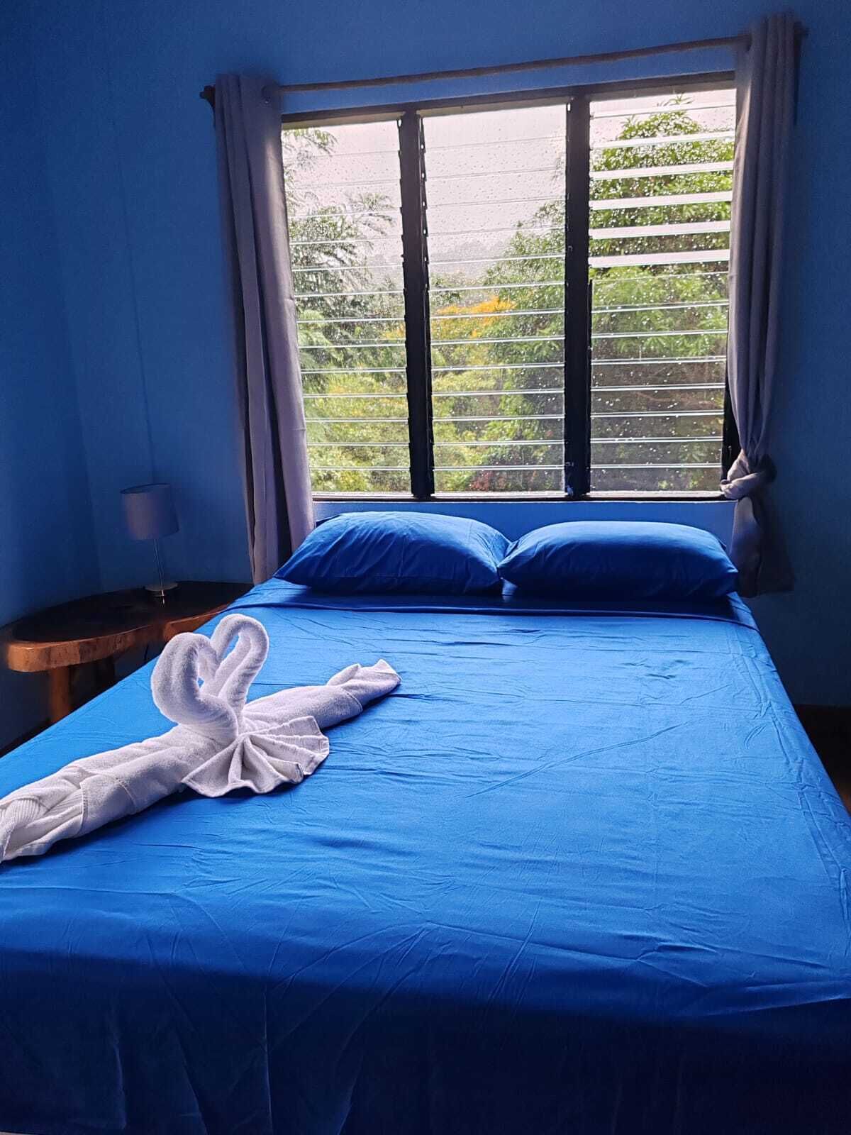 A room with a bed, blue bedding, a white towel, and a window with curtains.