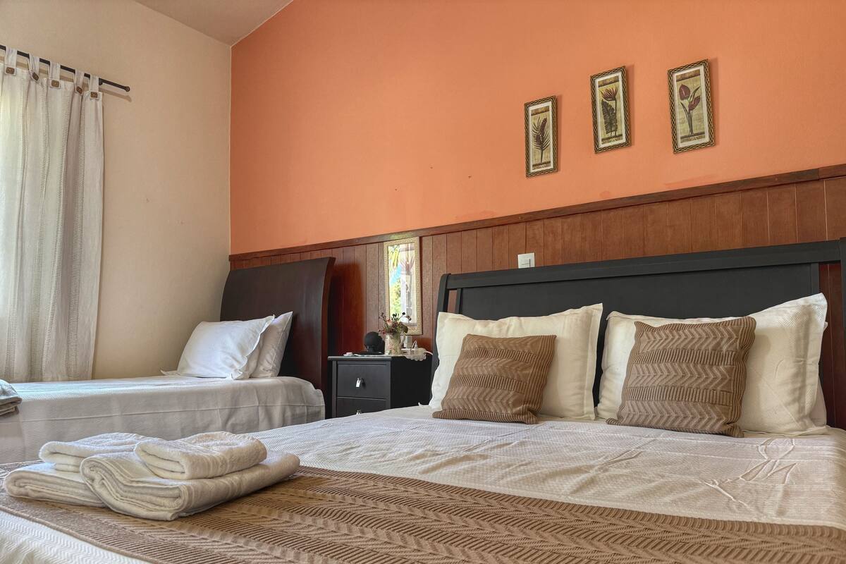 Une chambre d’hôtel avec deux lits, une tête de lit en bois, une table de chevet et un miroir.