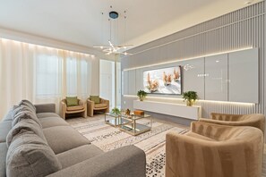 Smart TV, fireplace, foosball