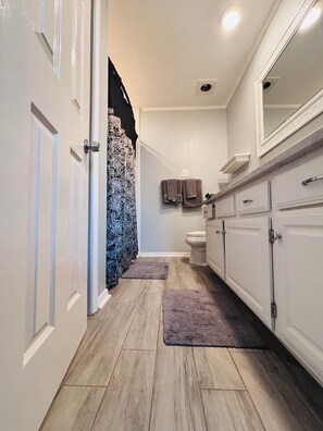 Hair dryer, towels, soap, toilet paper