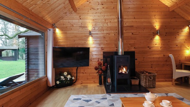 Ein gemütliches Blockhaus-Interieur mit Kamin, Holzwänden, Fernseher und Essbereich.
