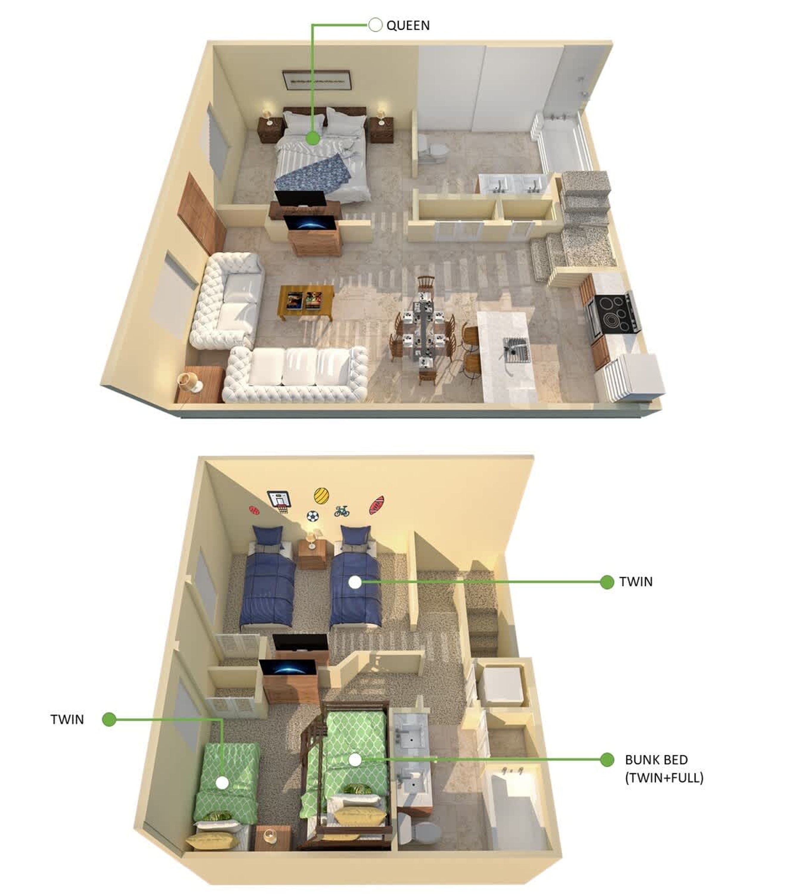 Distribución de una habitación de hotel con una cama tamaño queen, dos camas individuales, una litera, zona de comedor y baño.