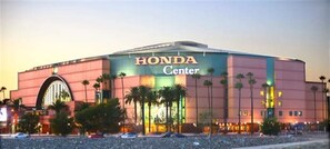 A large building with a prominent 'Honda Center' sign.