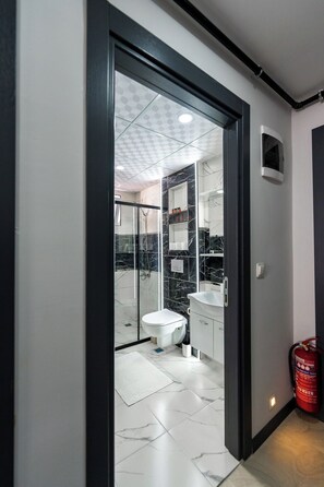 Shower, hair dryer, towels, soap