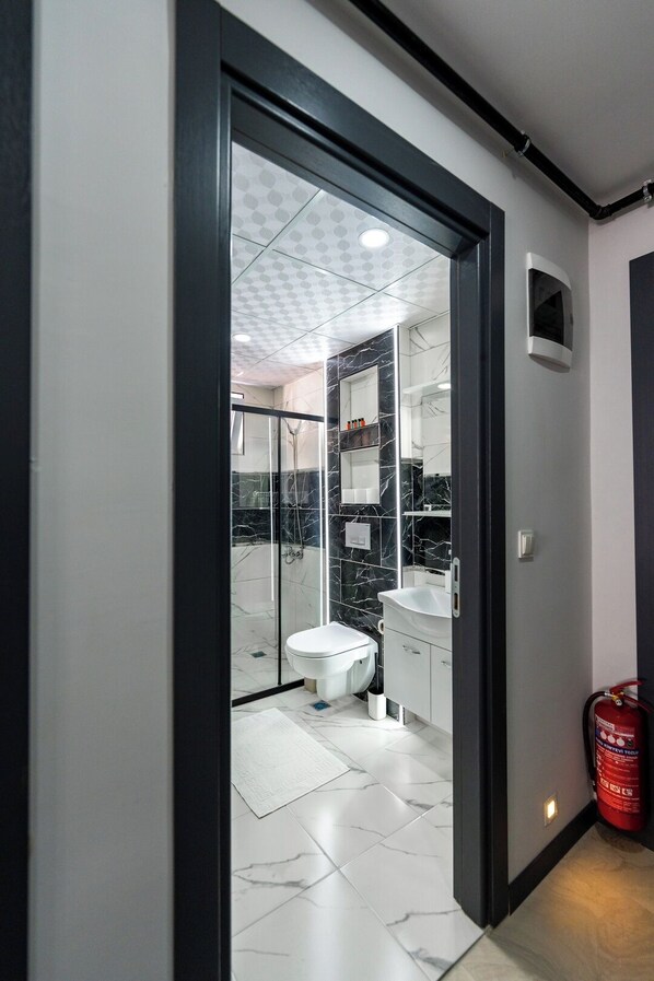 Shower, hair dryer, towels, soap