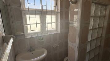 Shower, towels, soap, toilet paper