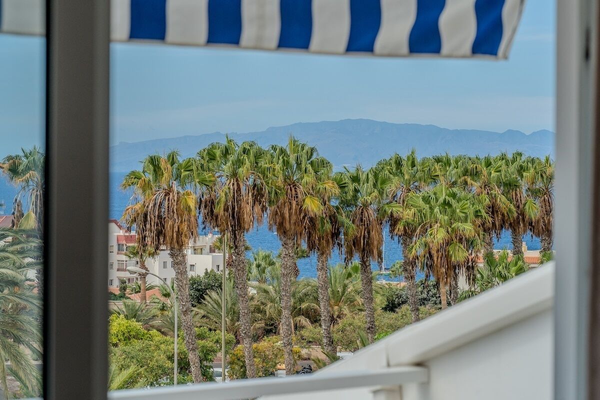 A view of palm trees and a mountain range from a window with a striped awning.
