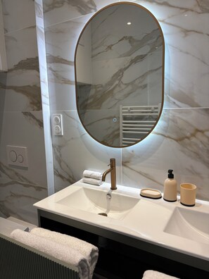 Douche, serviettes fournies, papier toilette