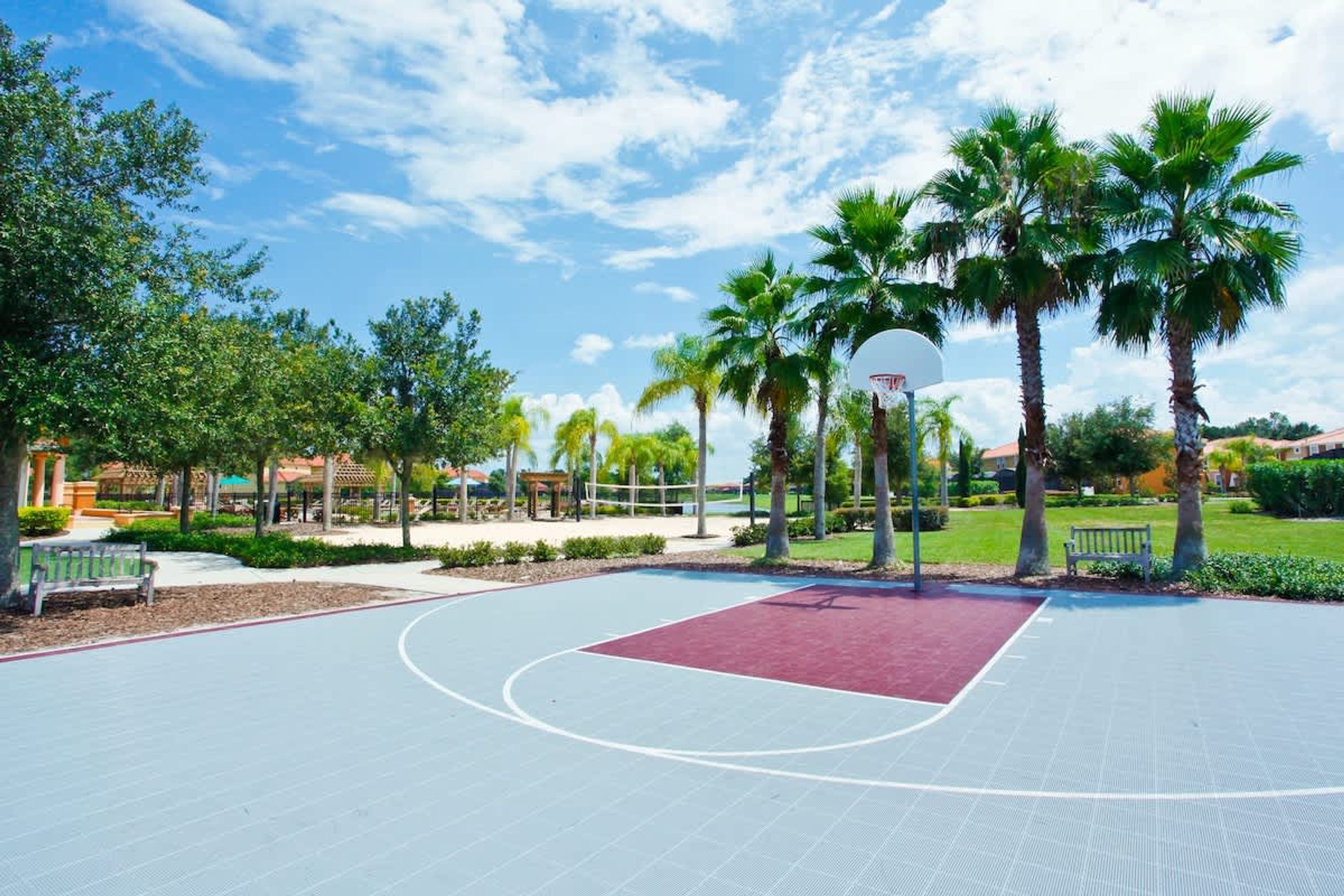 An outdoor basketball court with a red and blue surface, surrounded by palm trees and benches.