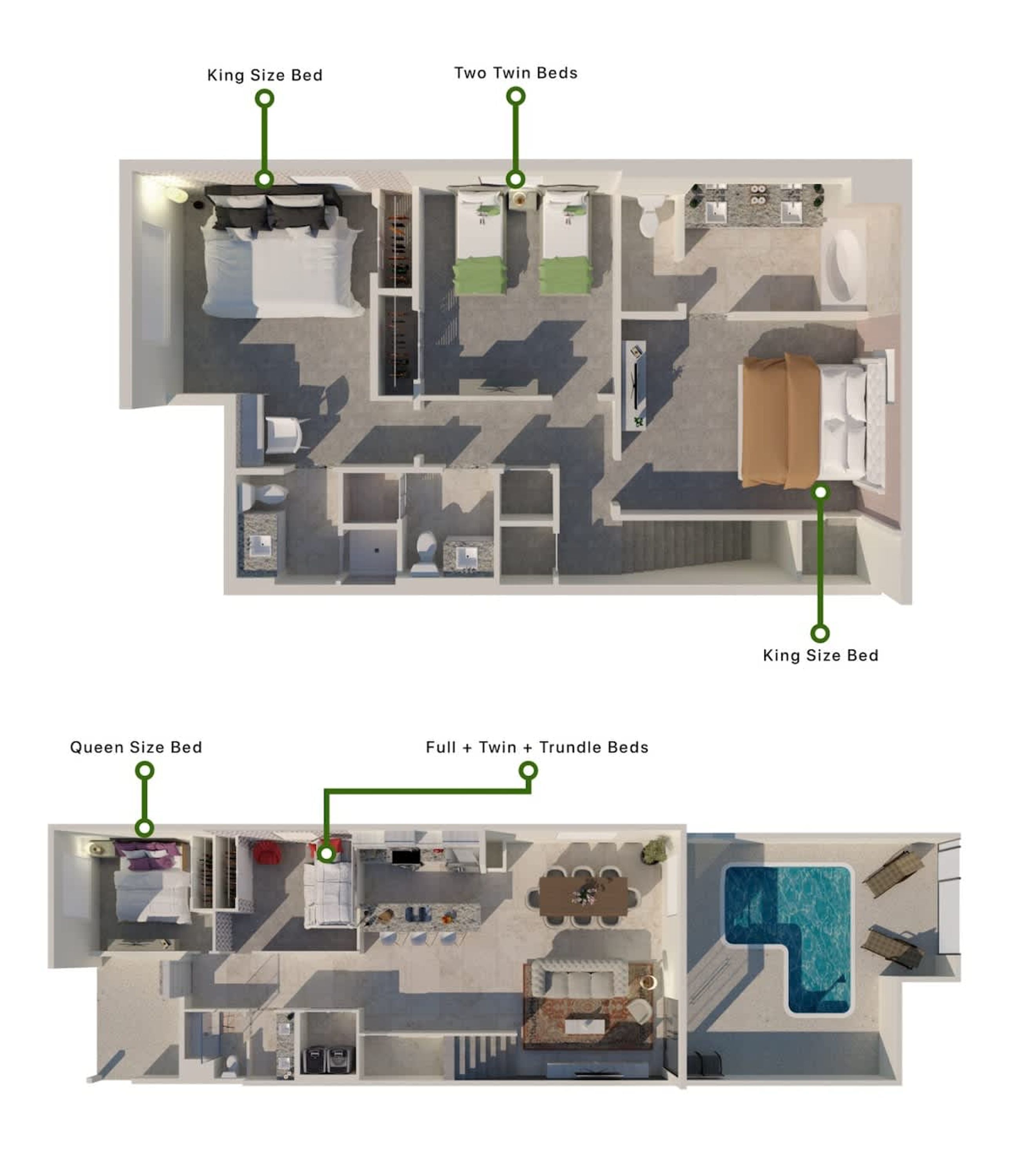 Distribución de una habitación de hotel con una cama tamaño king, dos camas individuales, una cama tamaño queen y camas matrimoniales, individuales y camas nido.