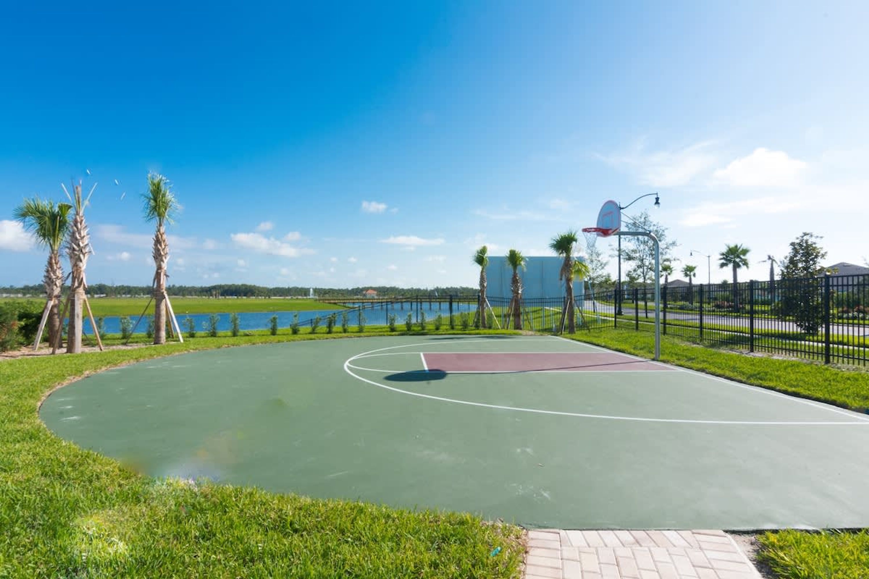 An outdoor basketball court with a green surface, surrounded by grass and palm trees, with a clear blue sky above.