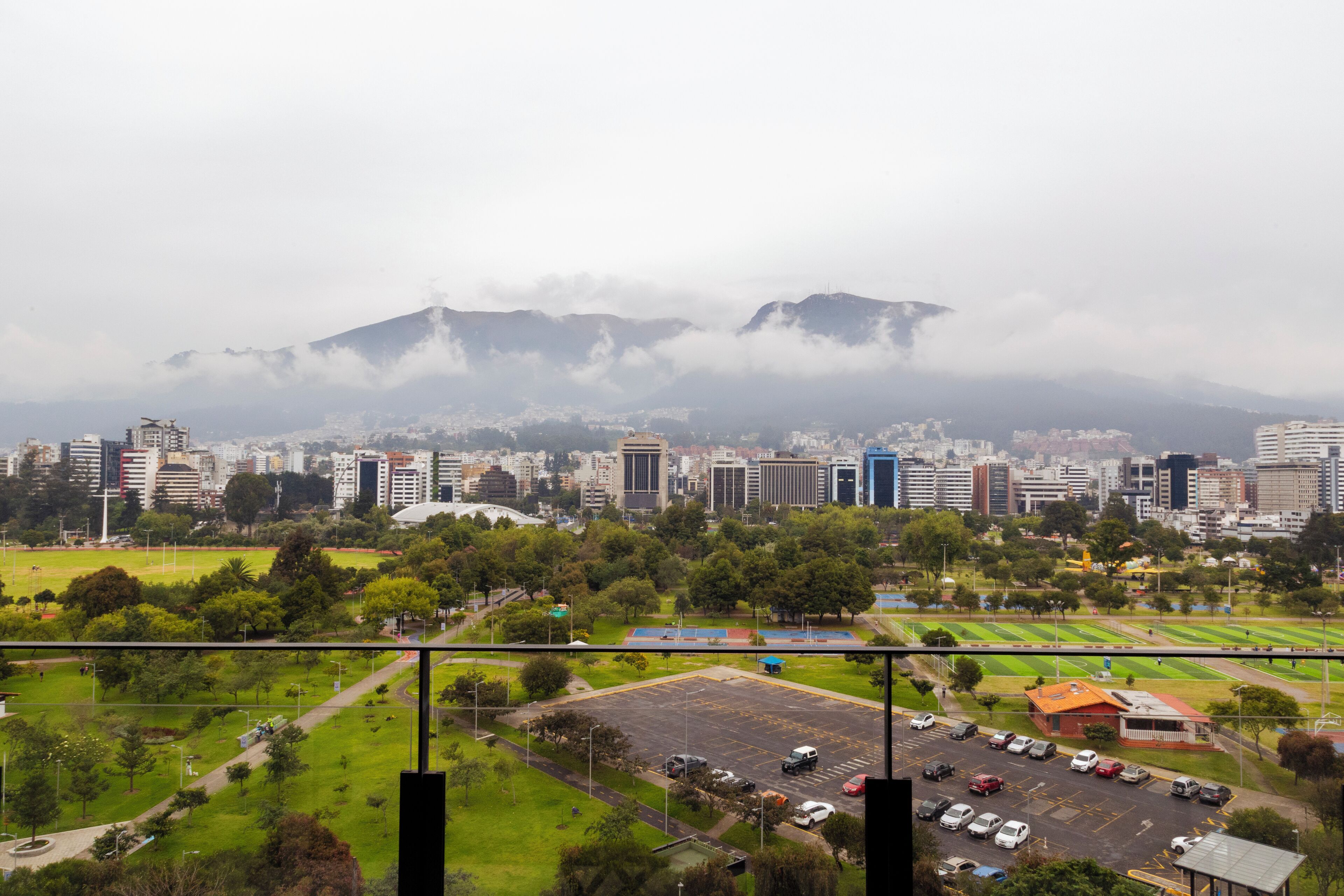 A cityscape with a park, buildings, and a mountain in the background.