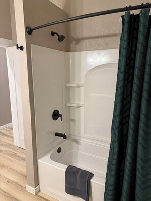 Hair dryer, towels, soap, toilet paper