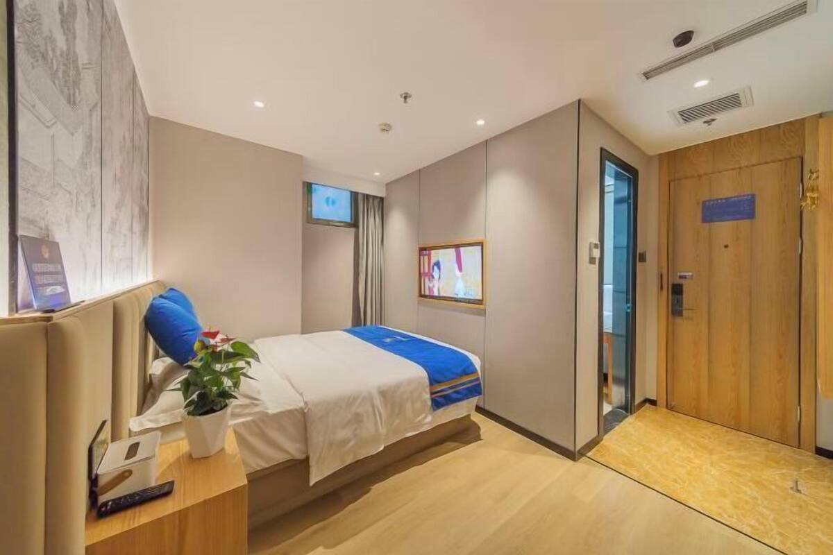 A hotel room with a bed, a desk with a plant, a TV, and a wooden door.