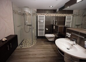 Secadora de cabello, toallas, jabón, papel de baño 
