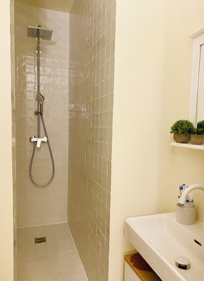Shower, hair dryer, towels, soap