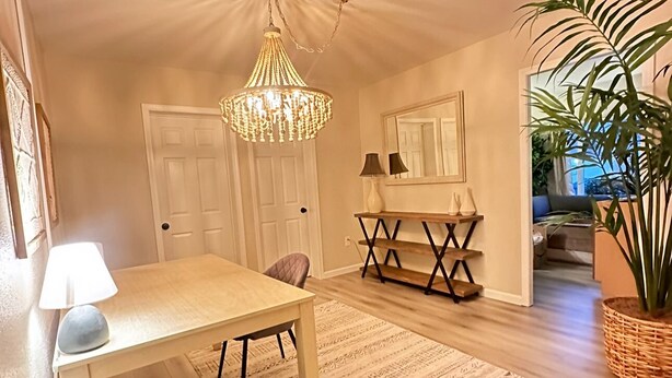 A dining area with a chandelier, a table, chairs, a patterned rug, a mirror, and a plant.