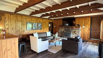 TV connectée, cheminée, livres