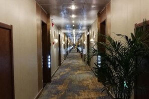 A hotel hallway with doors on both sides, a carpeted floor, and a plant on the right. - Zhoukou Hotel (Zhoukou Wanshunda Department Store) (Zhoukou)