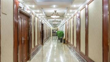 A hotel corridor with wooden doors, recessed lighting, and a plant.