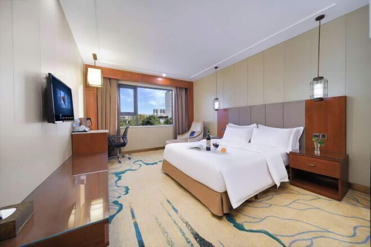 A hotel room with a bed, a desk, a television, and a window with a view.