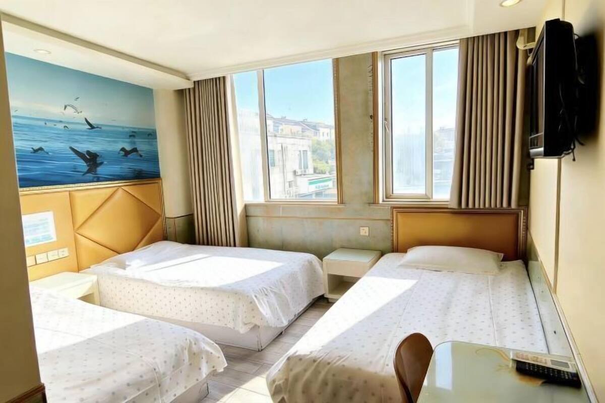 A hotel room with two beds, a TV, a window with curtains, and a mural of birds.