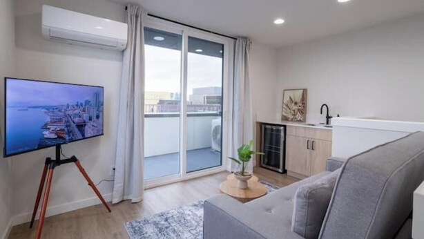 A modern living room with a grey sofa, a flat-screen TV on a tripod, a small plant, and a kitchen area with a sink and cabinets. - Capitol Chill - Modern Luxury Townhouse (Seattle)