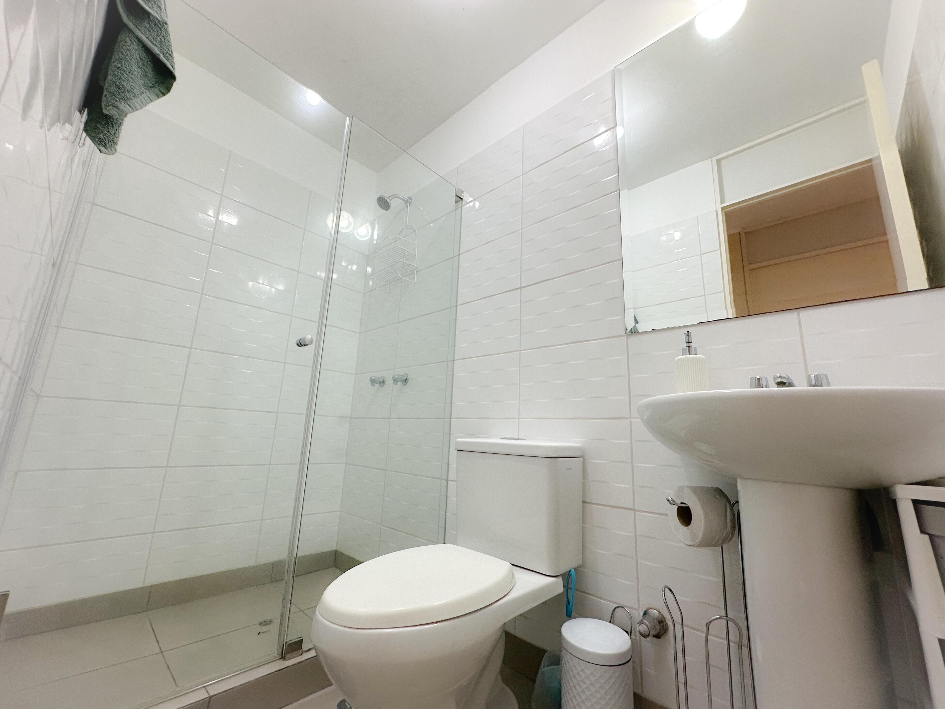 A bathroom with a toilet, sink, and glass shower enclosure.