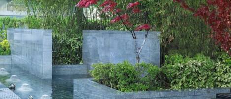 A water feature with ducks, surrounded by greenery and concrete planters.