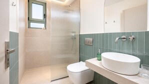 A bathroom with a toilet, a sink, a shower, and a mirror.