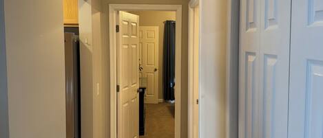 A hallway with carpeted floors, white doors, and a ceiling light.