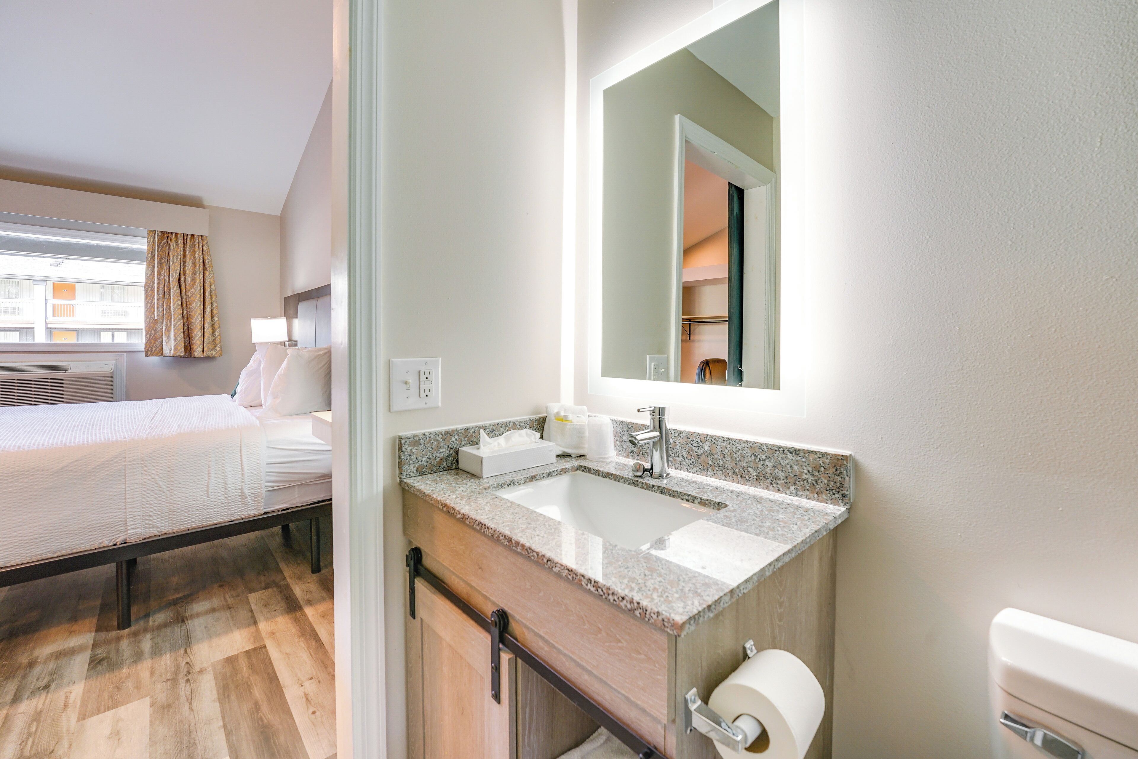 Une chambre d’hôtel comprenant un lit, une salle de bain avec un lavabo, un miroir et des toilettes.
