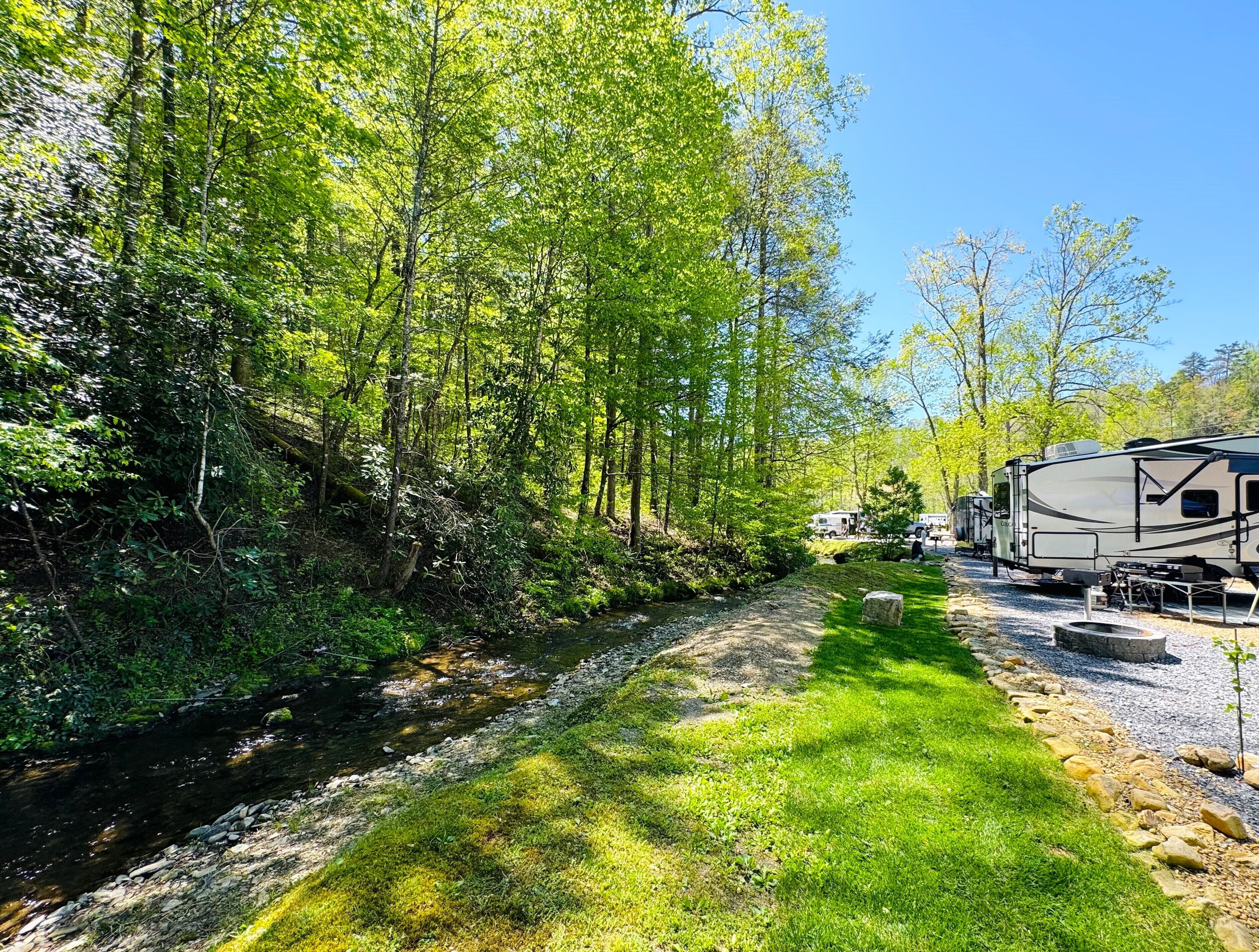 A campsite with RVs parked along a gravel path, surrounded by dense green trees and a small stream.