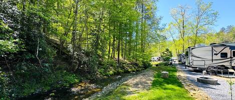 A campsite with RVs parked along a gravel path, surrounded by dense green trees and a small stream.