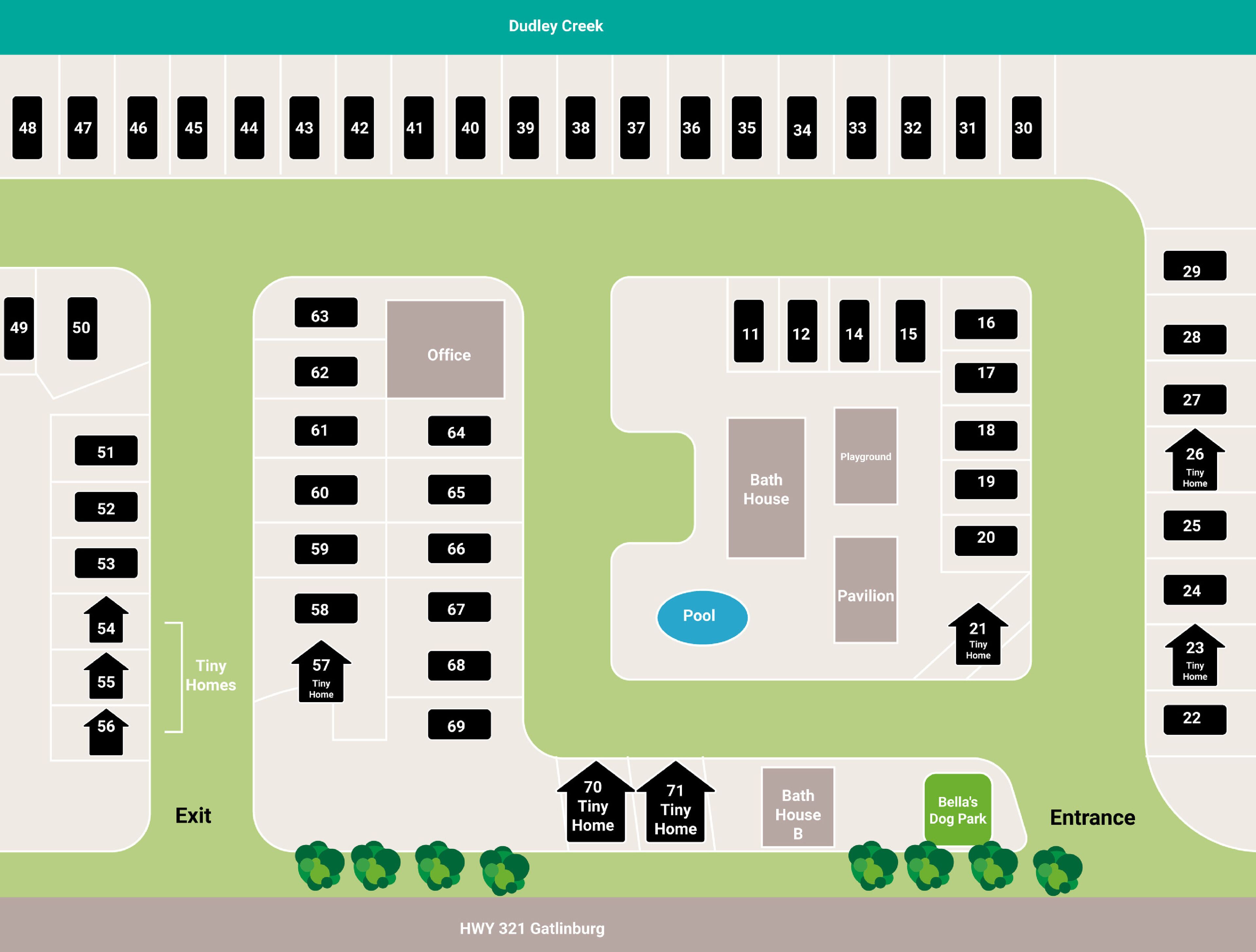 A floor plan of Dudley Creek with numbered rooms, an office, a pool, a playground, and tiny homes.