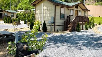 A lodge with a covered porch, a picnic table, and a bear statue.