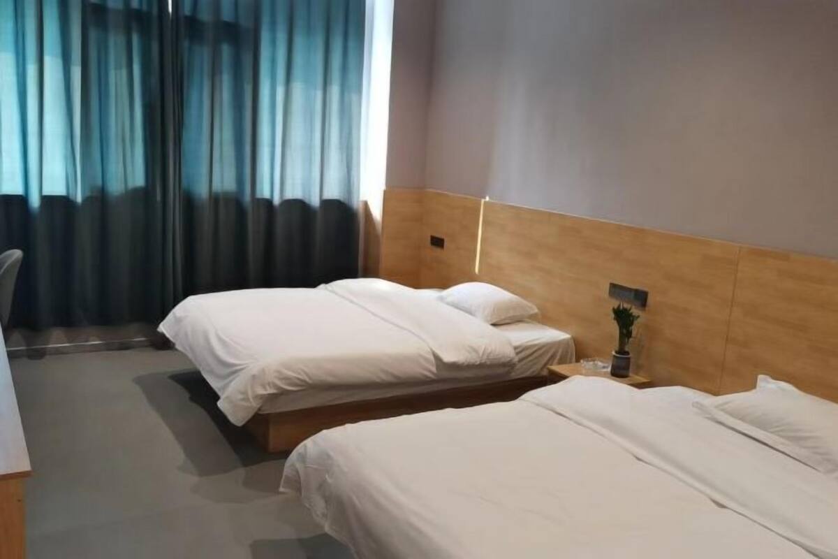 A hotel room with two beds, a wooden headboard, a small table with a plant, and a window with curtains.