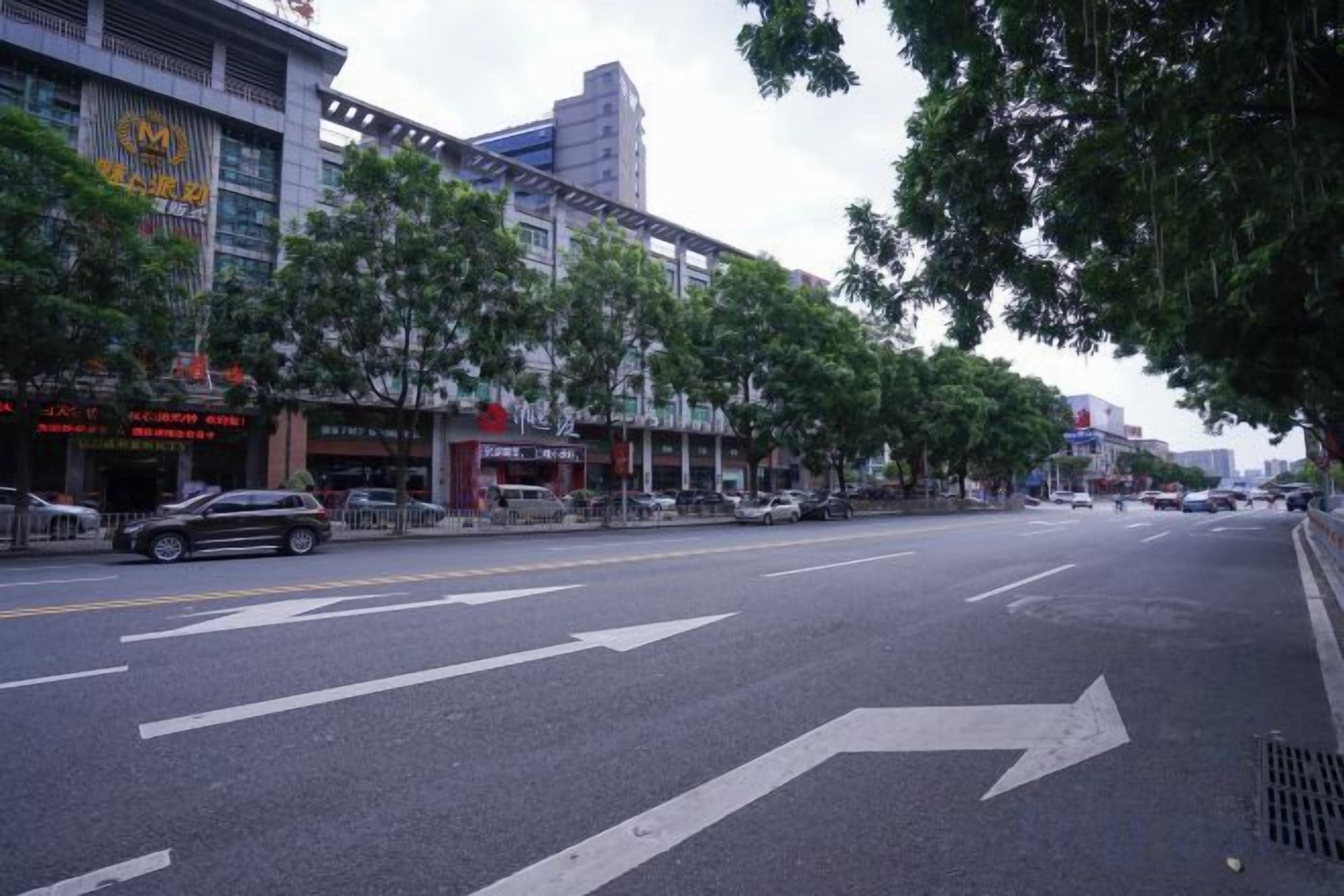 Una calle bordeada de edificios y árboles, con una vía despejada.