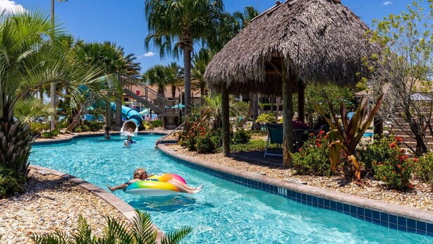 A swimming pool with a thatched-roof structure, palm trees, and a water slide.
