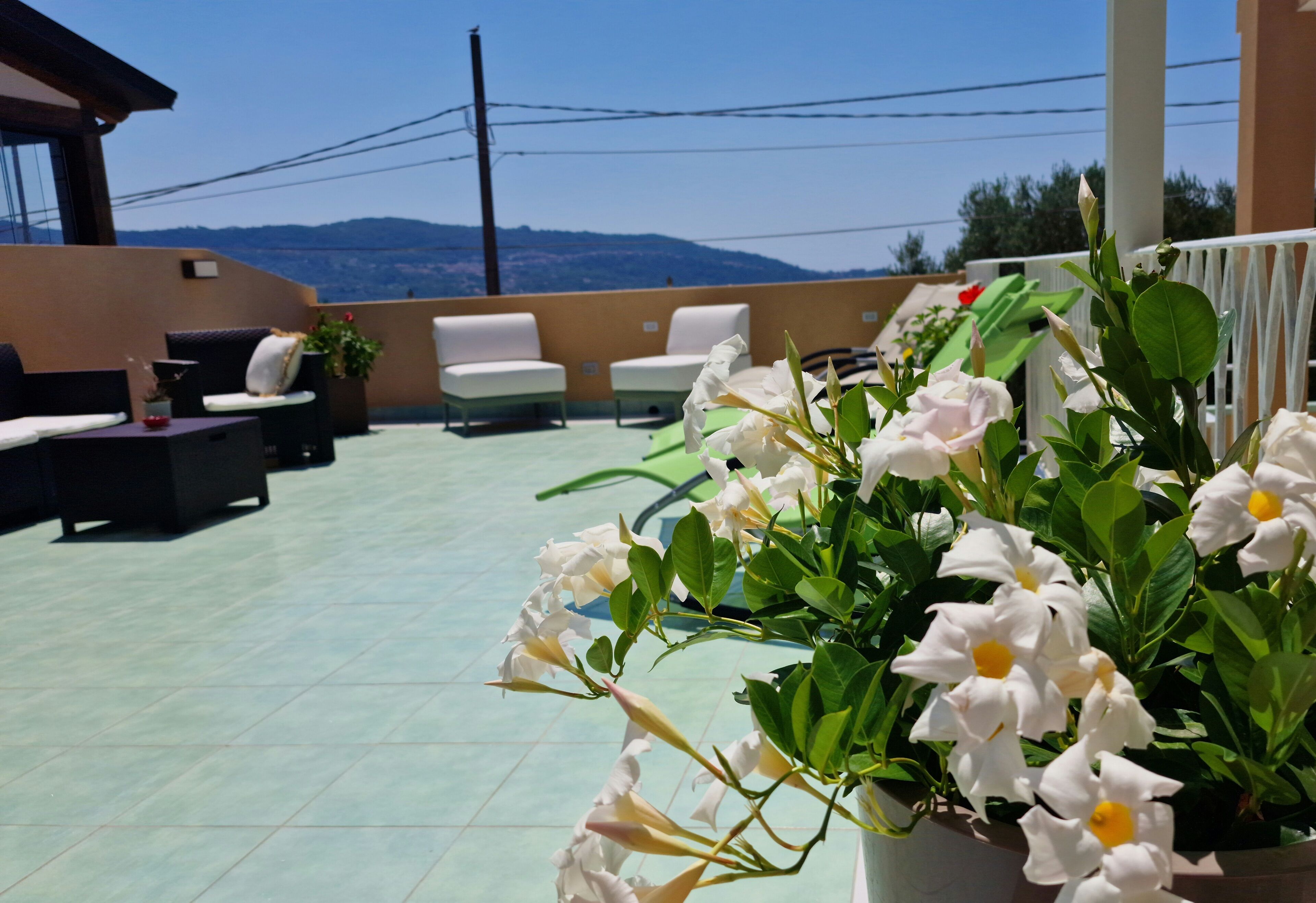 Una terraza con mobiliario exterior, una maceta con flores blancas y vistas a colinas distantes.