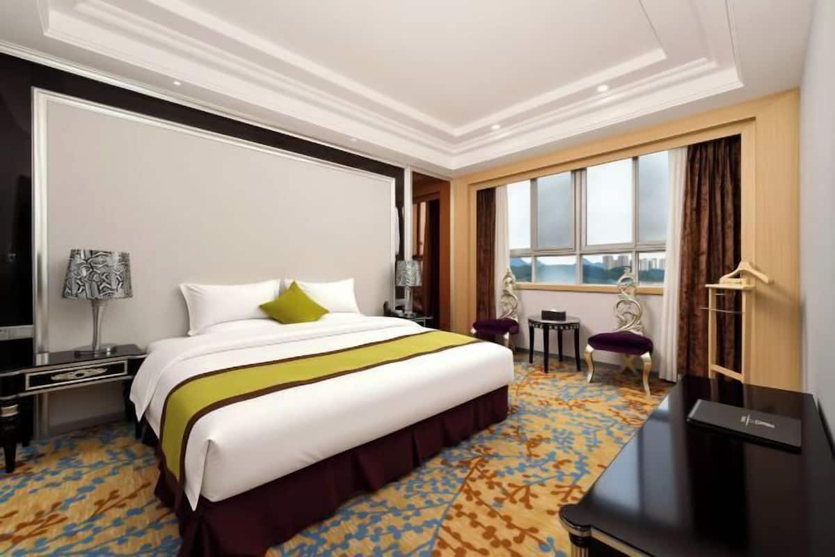 Habitación de hotel con una cama grande, un escritorio, una silla, un televisor y una ventana con vistas.