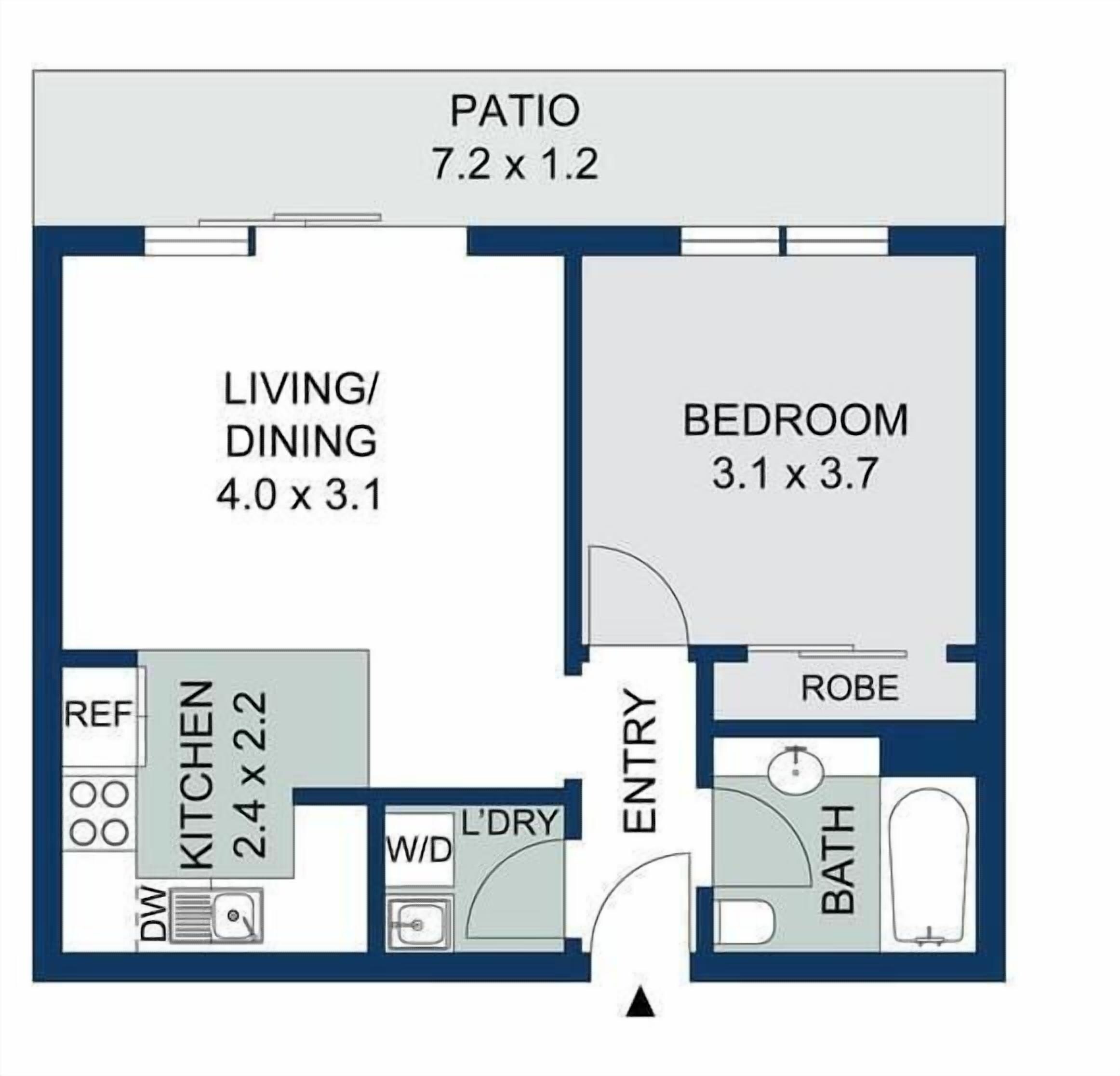 A floor plan with a patio, living/dining area, bedroom, and bathroom.