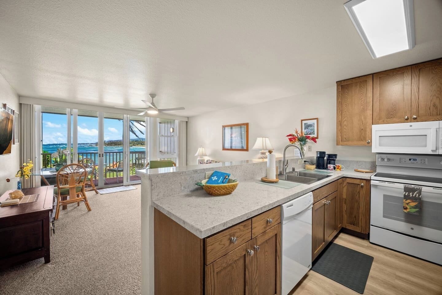 Microwave, stovetop, coffee/tea maker, dining tables