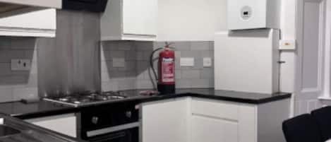 Fridge, microwave, electric kettle, toaster