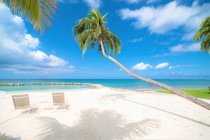 Plage, sable blanc, chaises longues, parasols