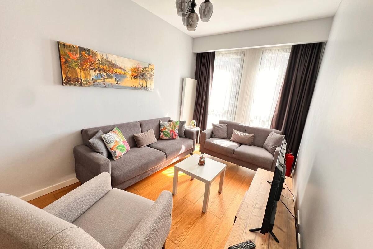 A modern living room with two sofas, a coffee table, and a TV stand.