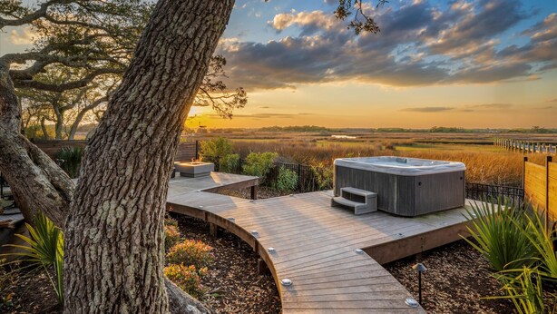 Une terrasse en bois avec un jacuzzi, entourée d’arbres et offrant une vue sur le paysage.