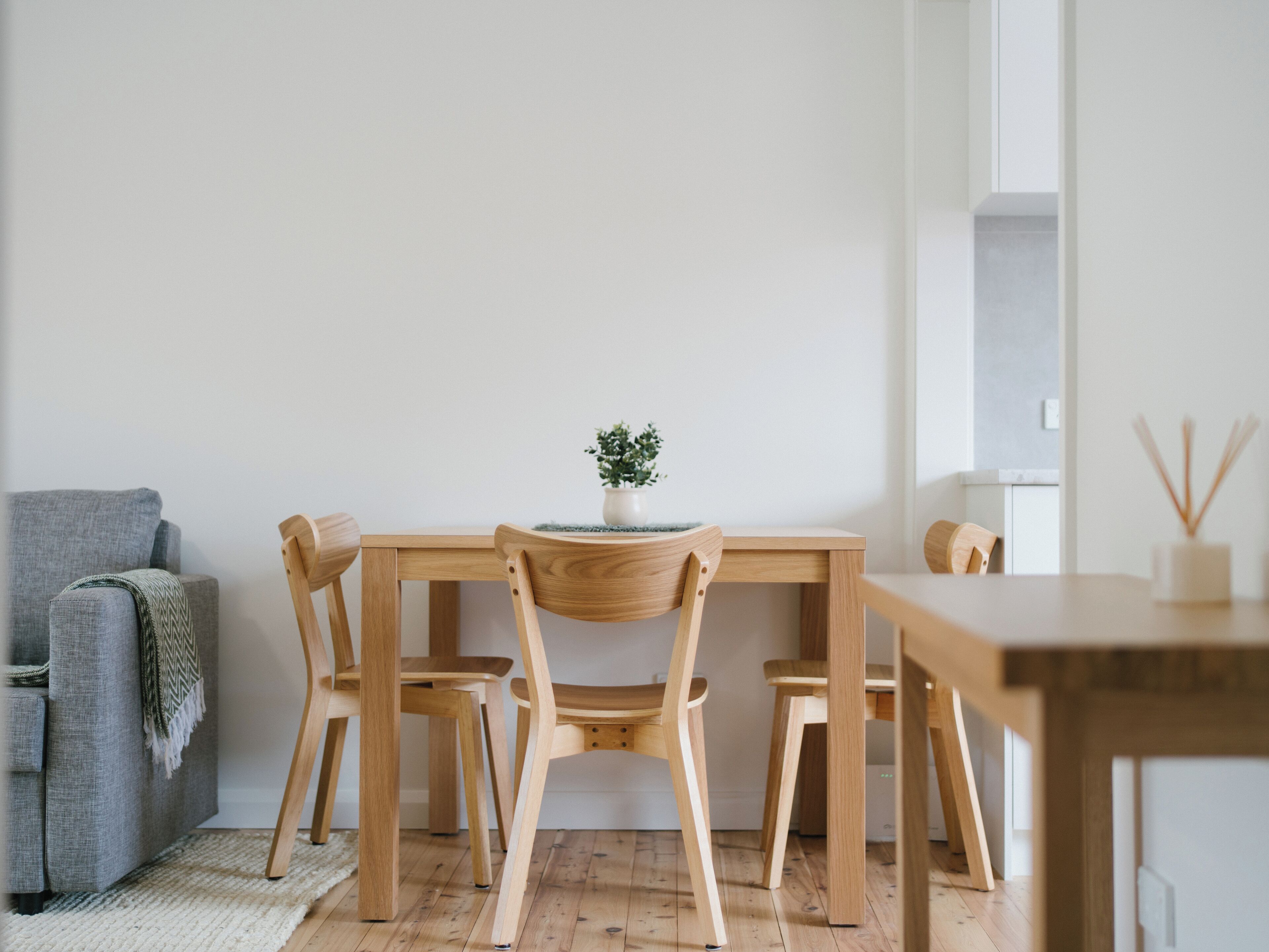 Un comedor minimalista con una mesa y sillas de madera, una pequeña planta en maceta y un sofá gris.